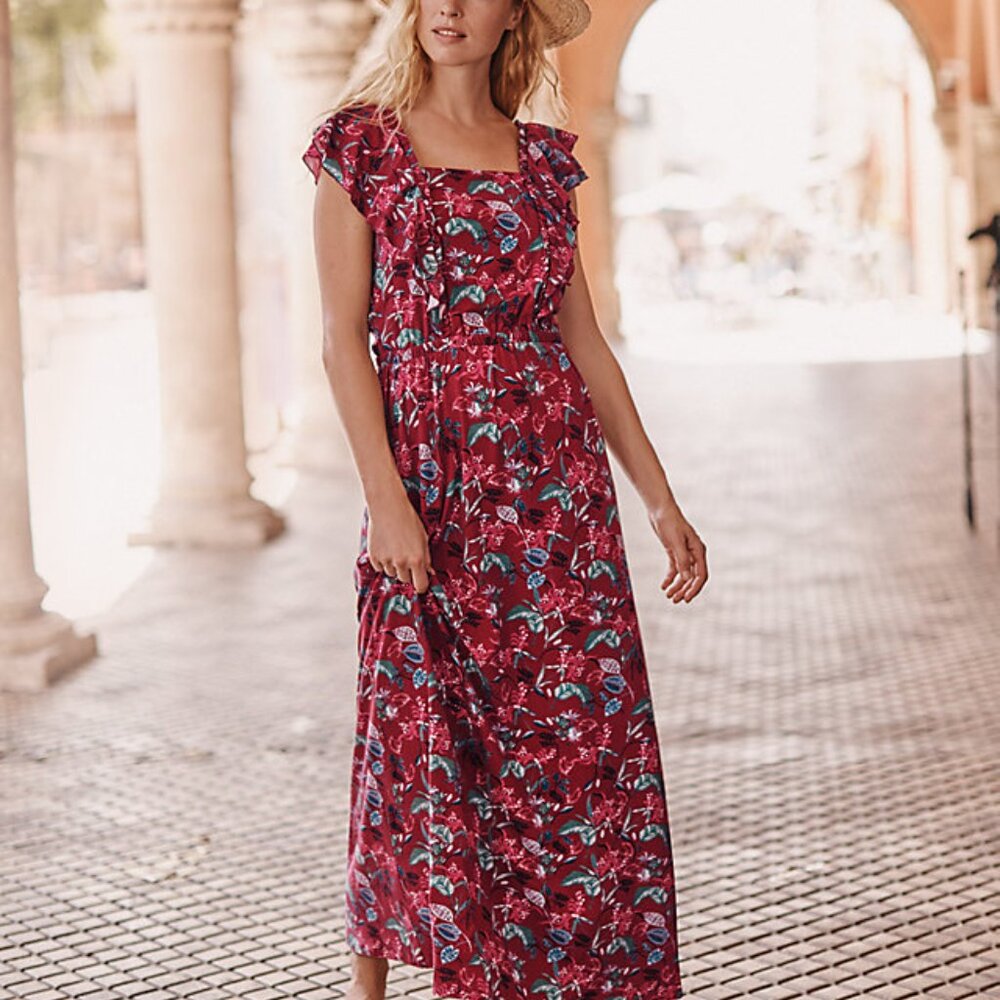 Garnet Hill Dulce Stretch Knit Maxi Dress Red Fantasy Floral Sm NWOT